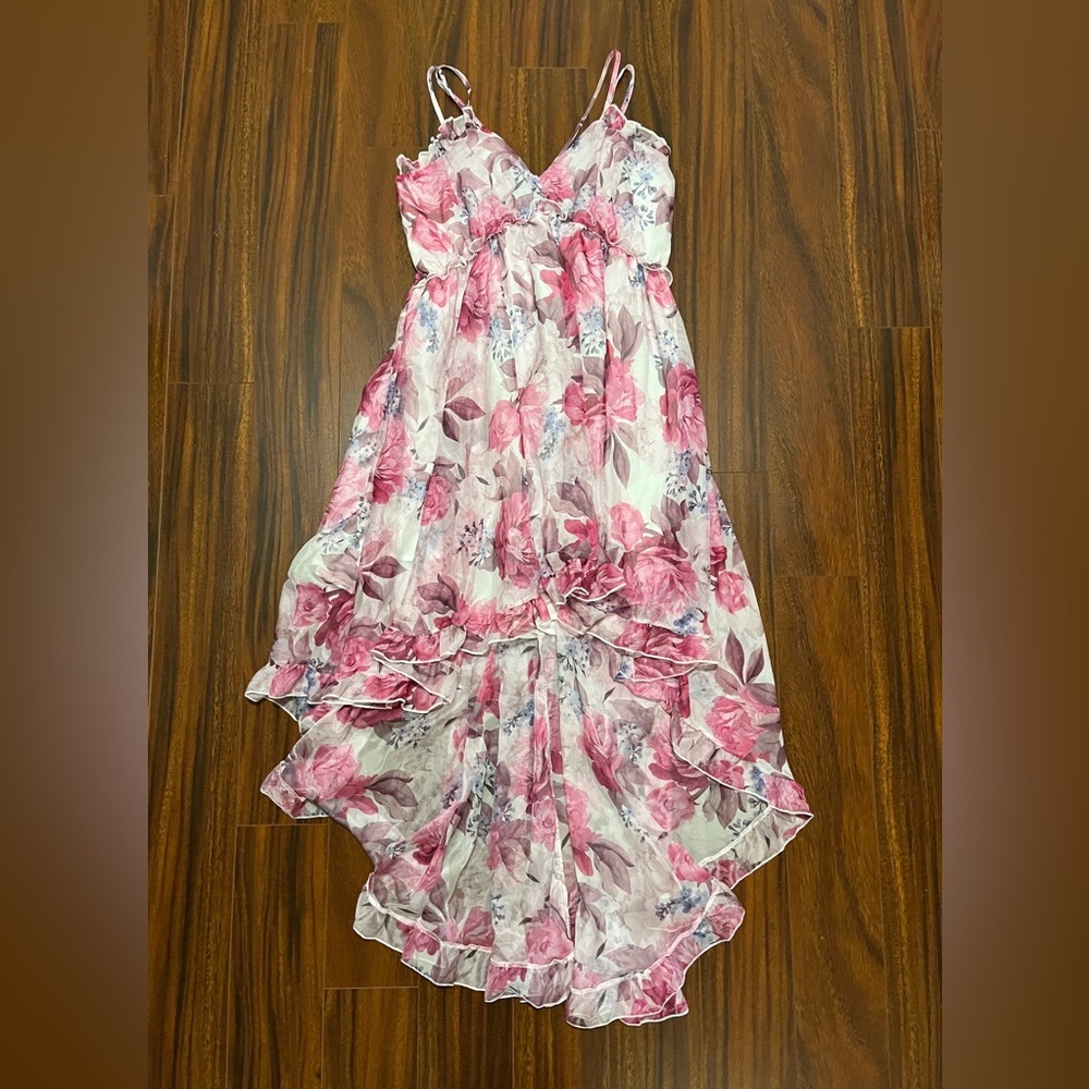 ChicMe women’s large ruffled hem floral print asymmetrical dress, pink taupe